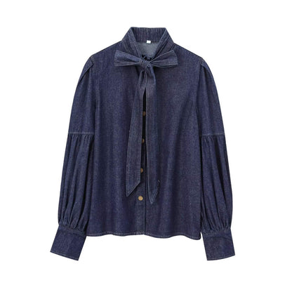 Damska bluzka denim z detalem w postaci kokardy Eloura-Moda