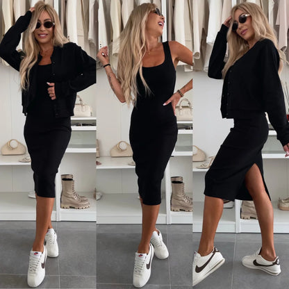Sukienka dzianinowa dla kobiet z luźną bolerko Eloura-Moda