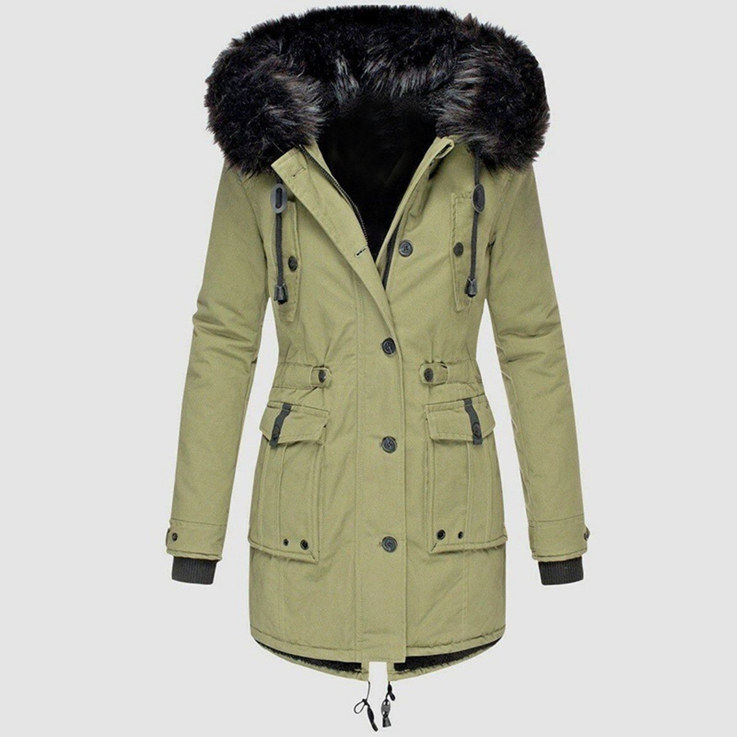 Hooded parka with fur lining and drawstring at the waist