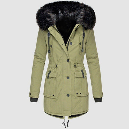 Hooded parka with fur lining and drawstring at the waist