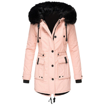 Hooded parka with fur lining and drawstring at the waist