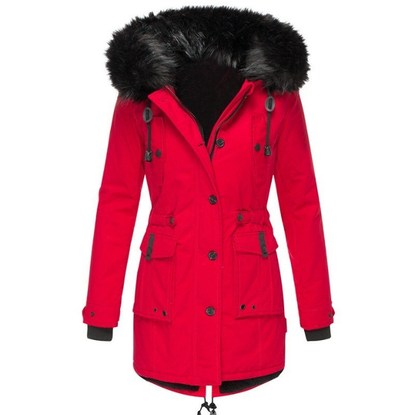 Hooded parka with fur lining and drawstring at the waist