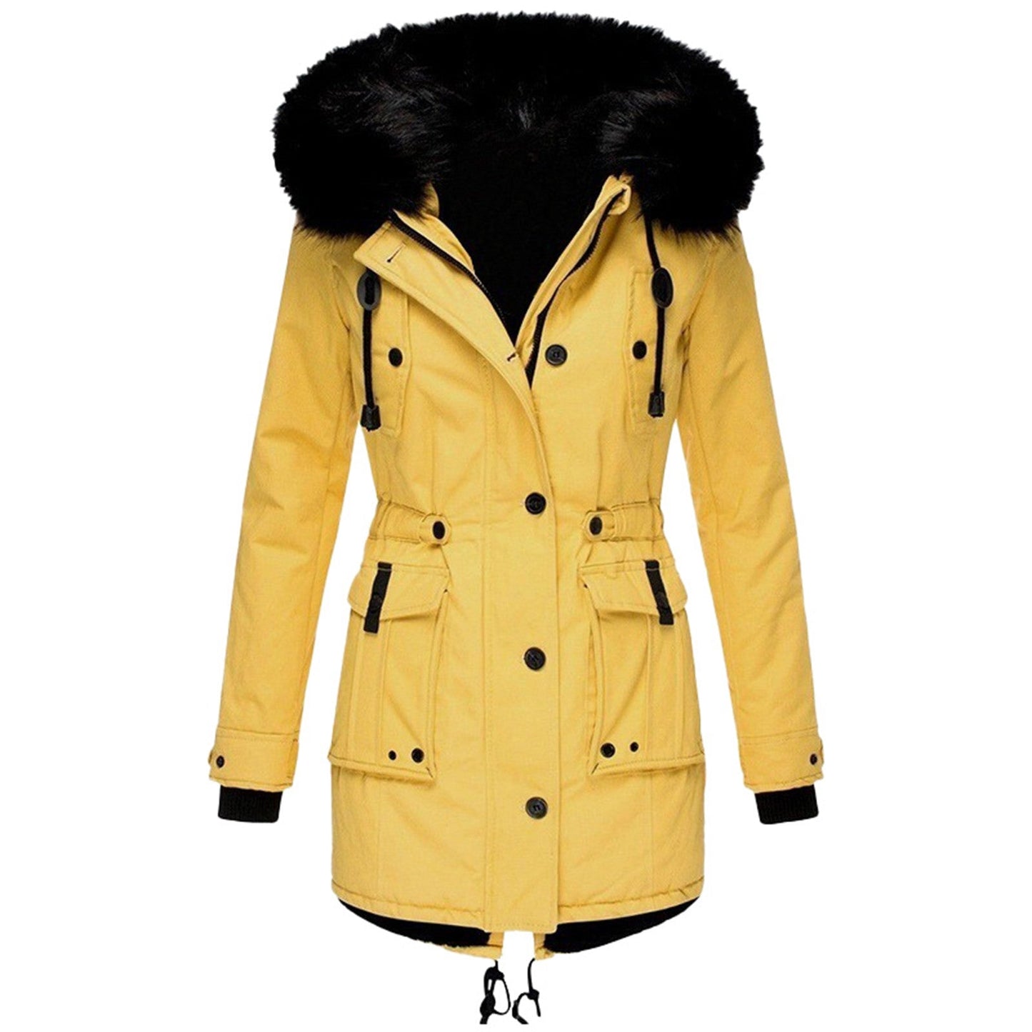 Hooded parka with fur lining and drawstring at the waist