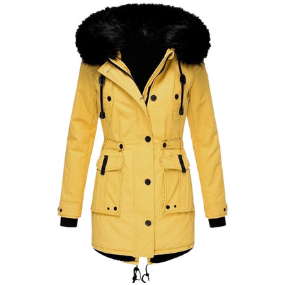 Hooded parka with fur lining and drawstring at the waist