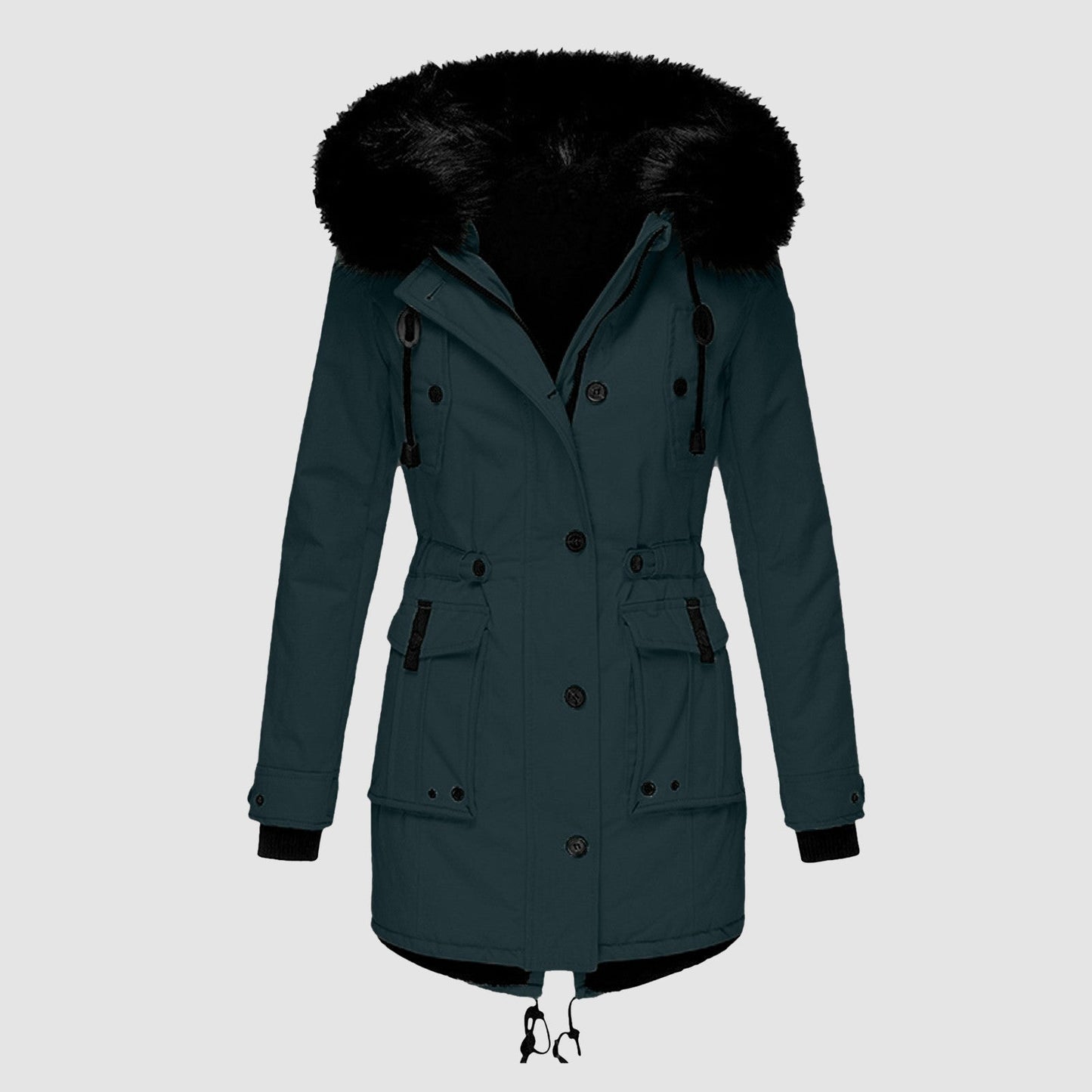 Hooded parka with fur lining and drawstring at the waist