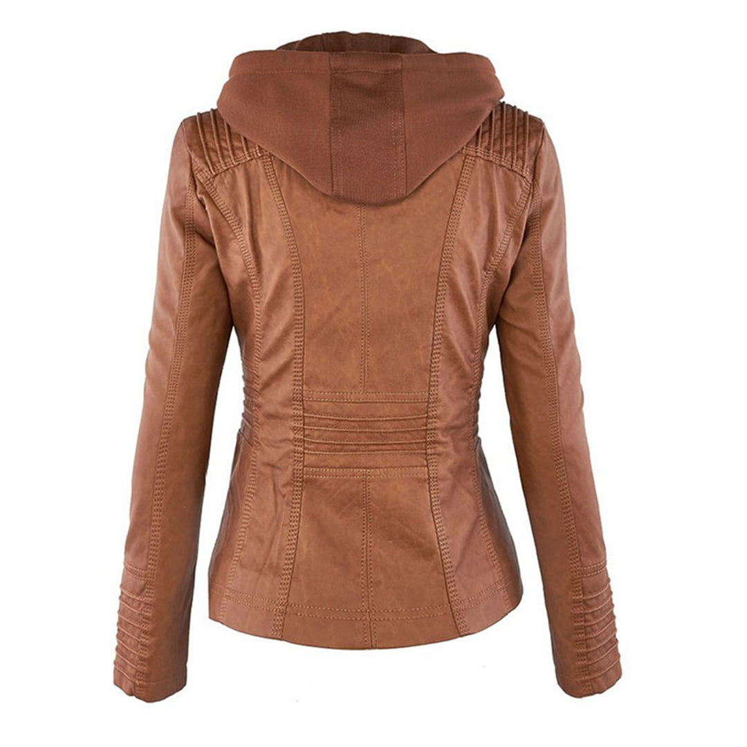 Eco-leather jacket with hood, zipper and pockets