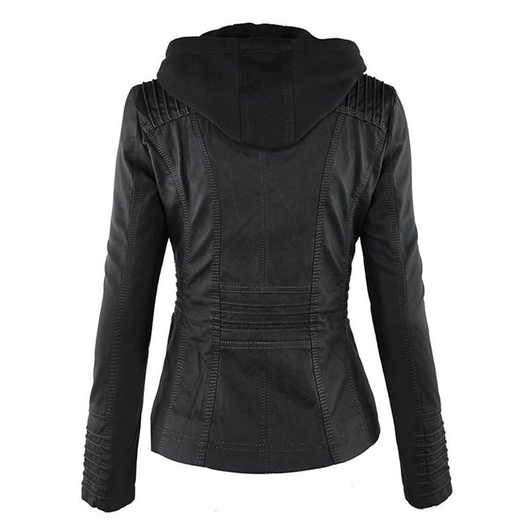 Eco-leather jacket with hood, zipper and pockets
