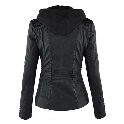 Eco-leather jacket with hood, zipper and pockets