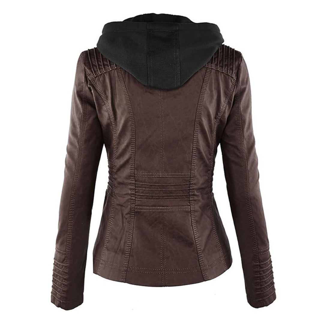 Eco-leather jacket with hood, zipper and pockets