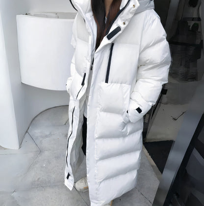 Long quilted jacket with hood and thick insulation