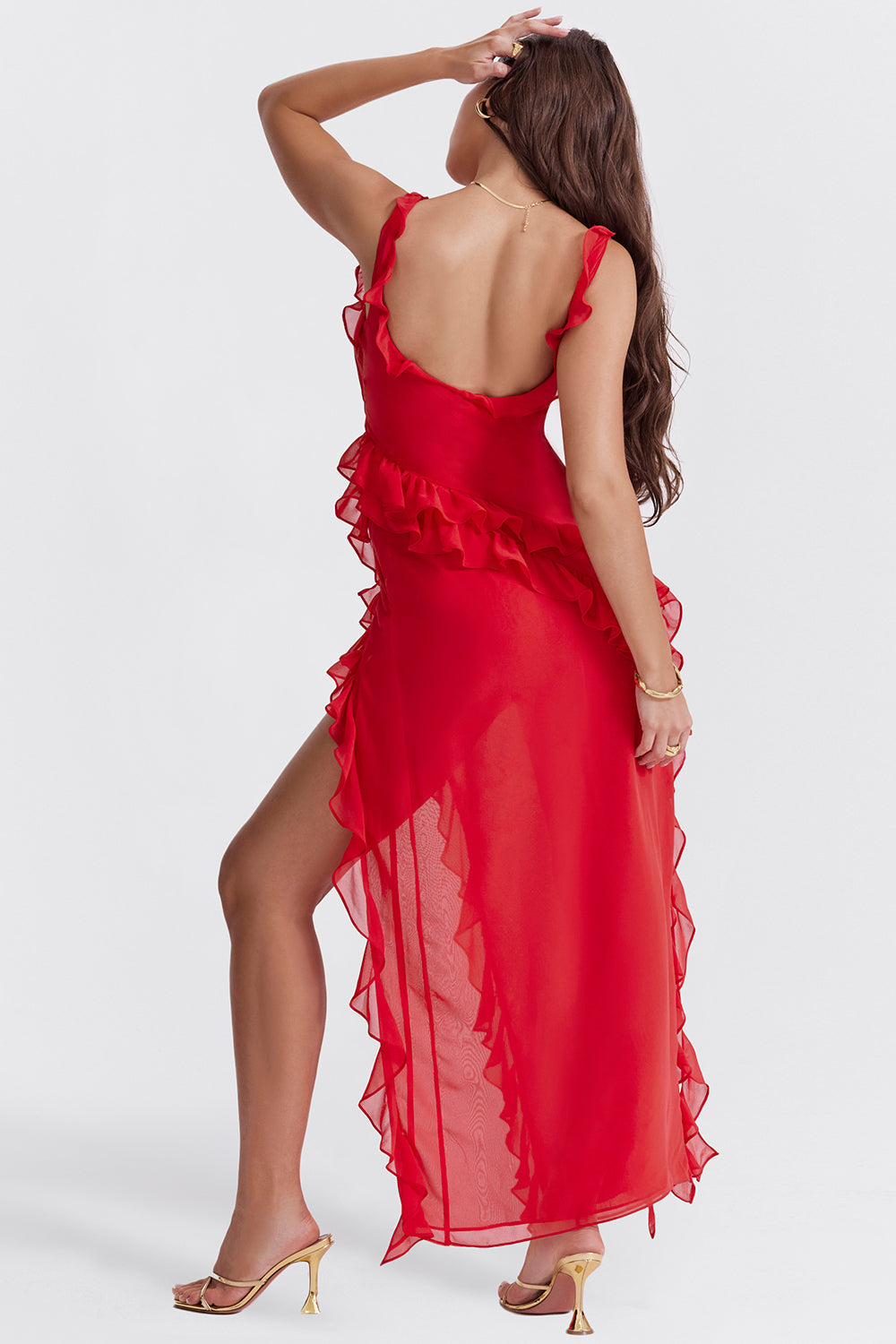 Ariela – Maxi dress with ruffles, square neckline, and slit for women