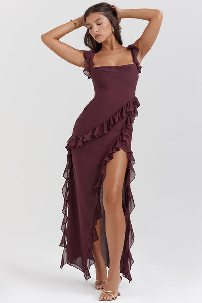 Ariela – Maxi dress with ruffles, square neckline, and slit for women