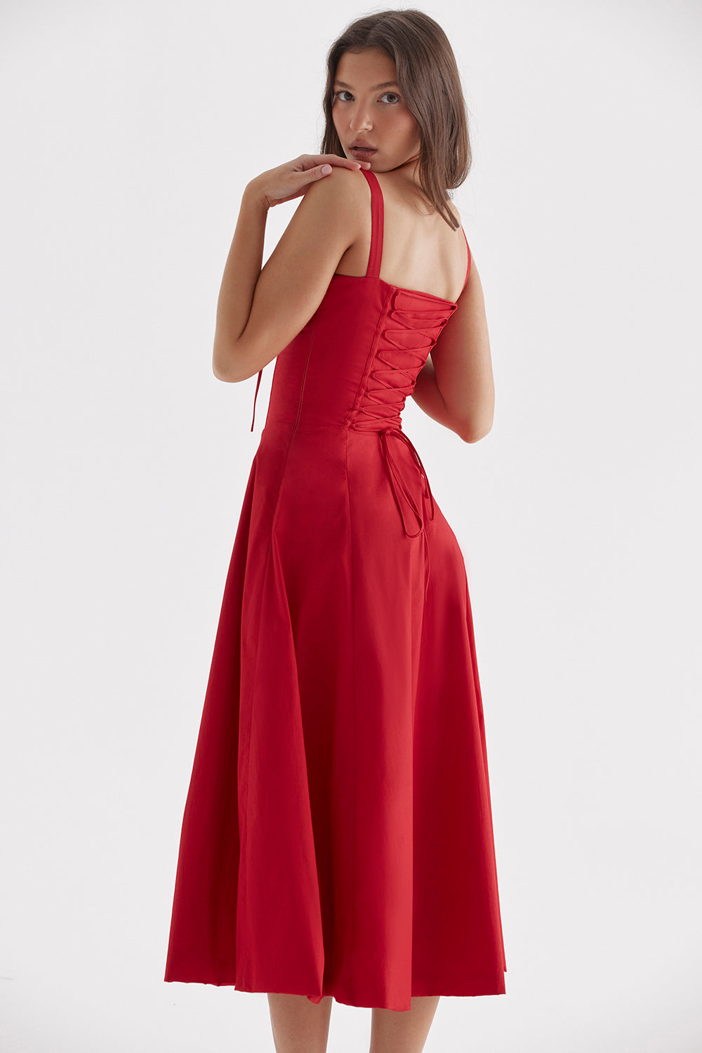 Red Midi Dress with Corset Top and Ruched Detailing