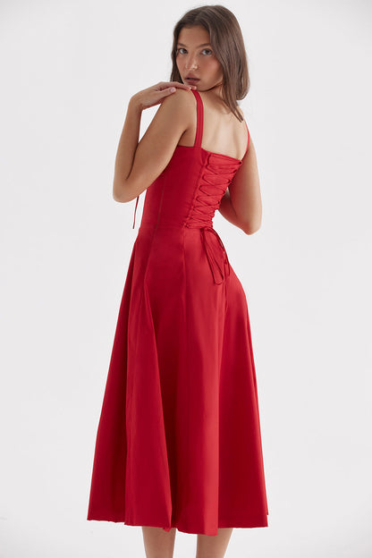 Red Midi Dress with Corset Top and Ruched Detailing