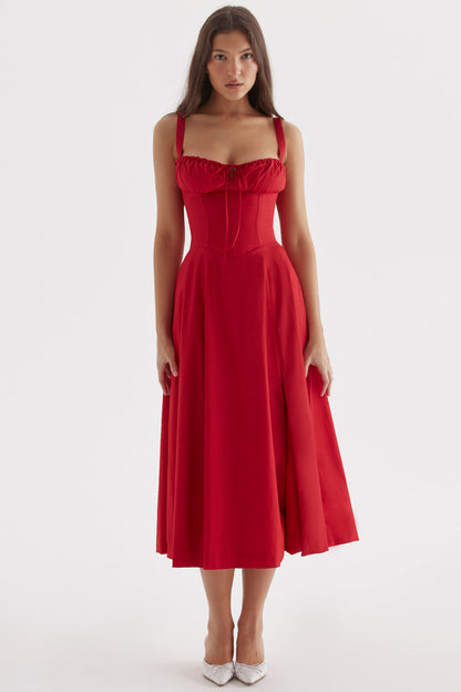 Red Midi Dress with Corset Top and Ruched Detailing