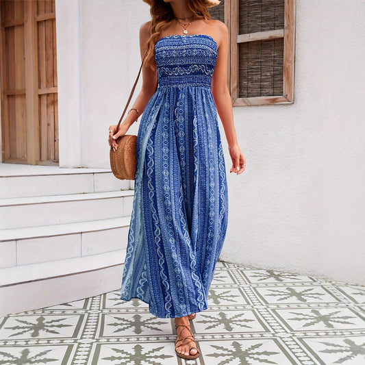 Strapless dress with a slit and ethnic pattern