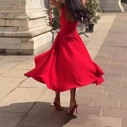 Midi dress with wide straps and flared bottom