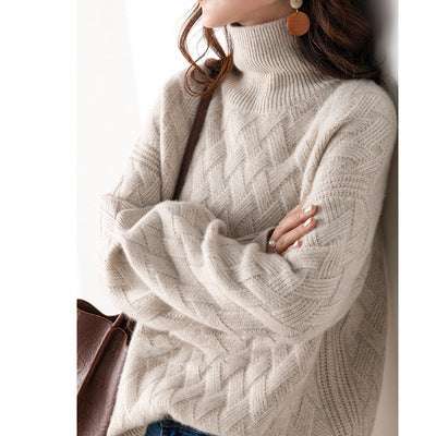 Emma - Women's cashmere turtleneck sweater cream cable pattern warm fashionable