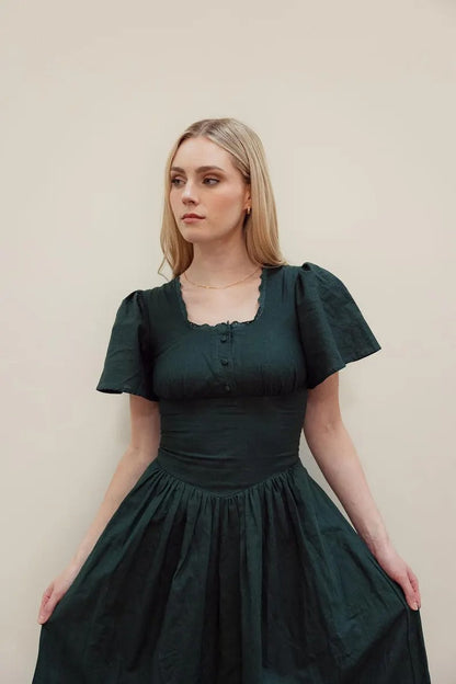 Hymn linen dress in forest green color