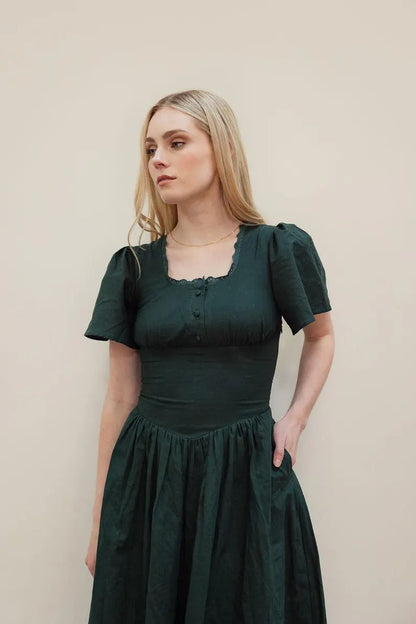 Hymn linen dress in forest green color
