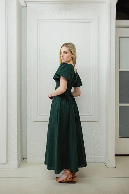 Hymn linen dress in forest green color