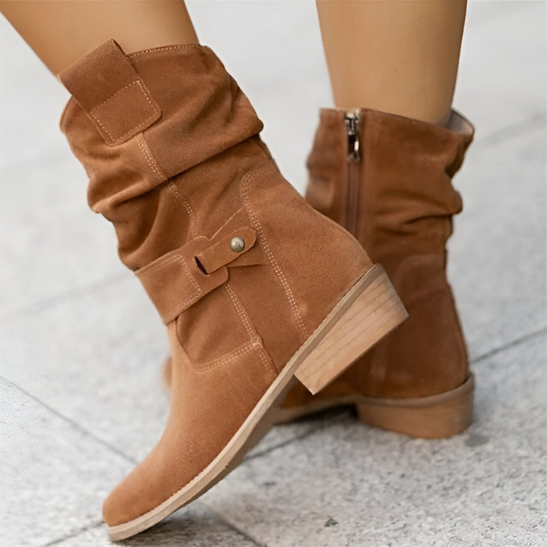 Suede women's ankle boots with pleated shaft