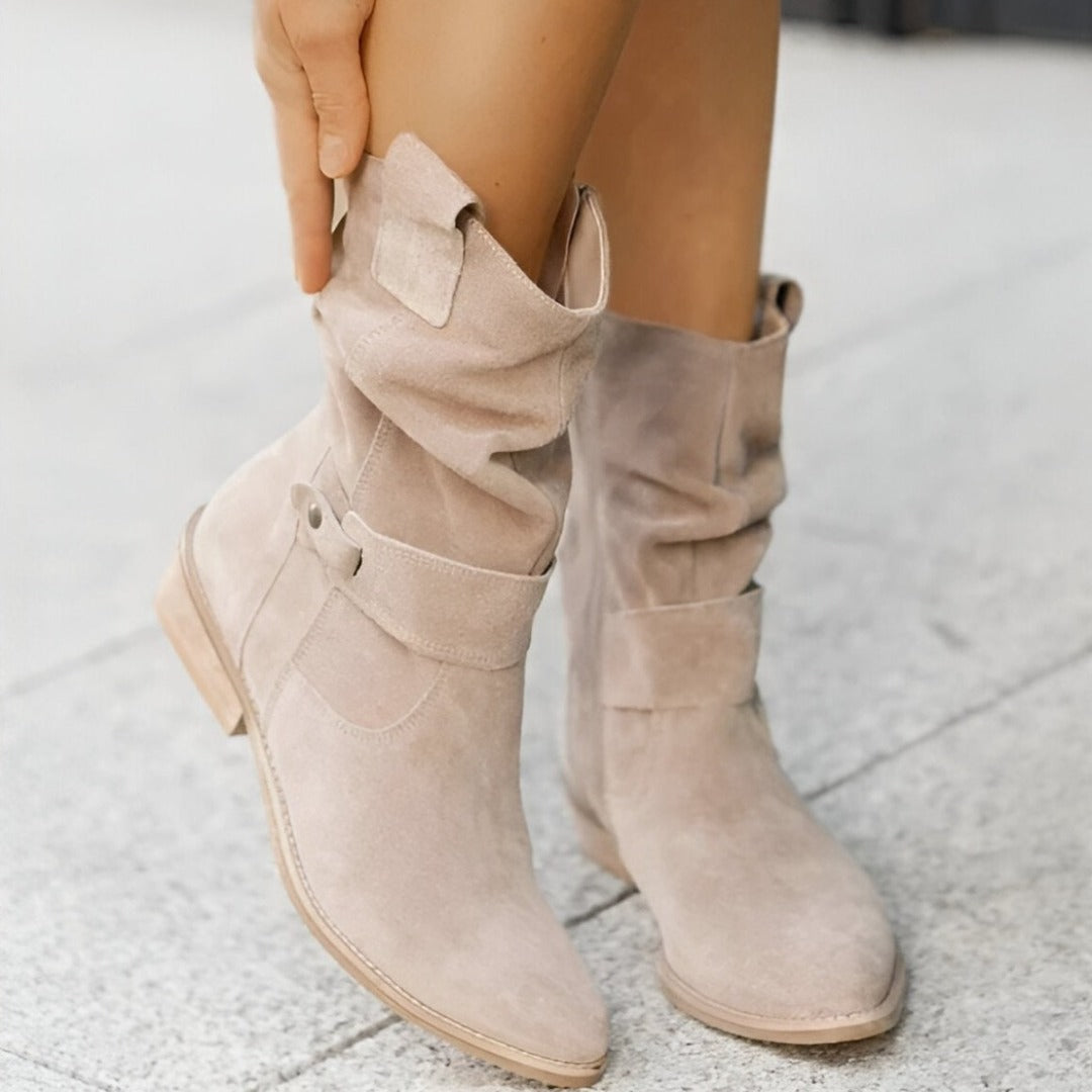 Suede women's ankle boots with pleated shaft